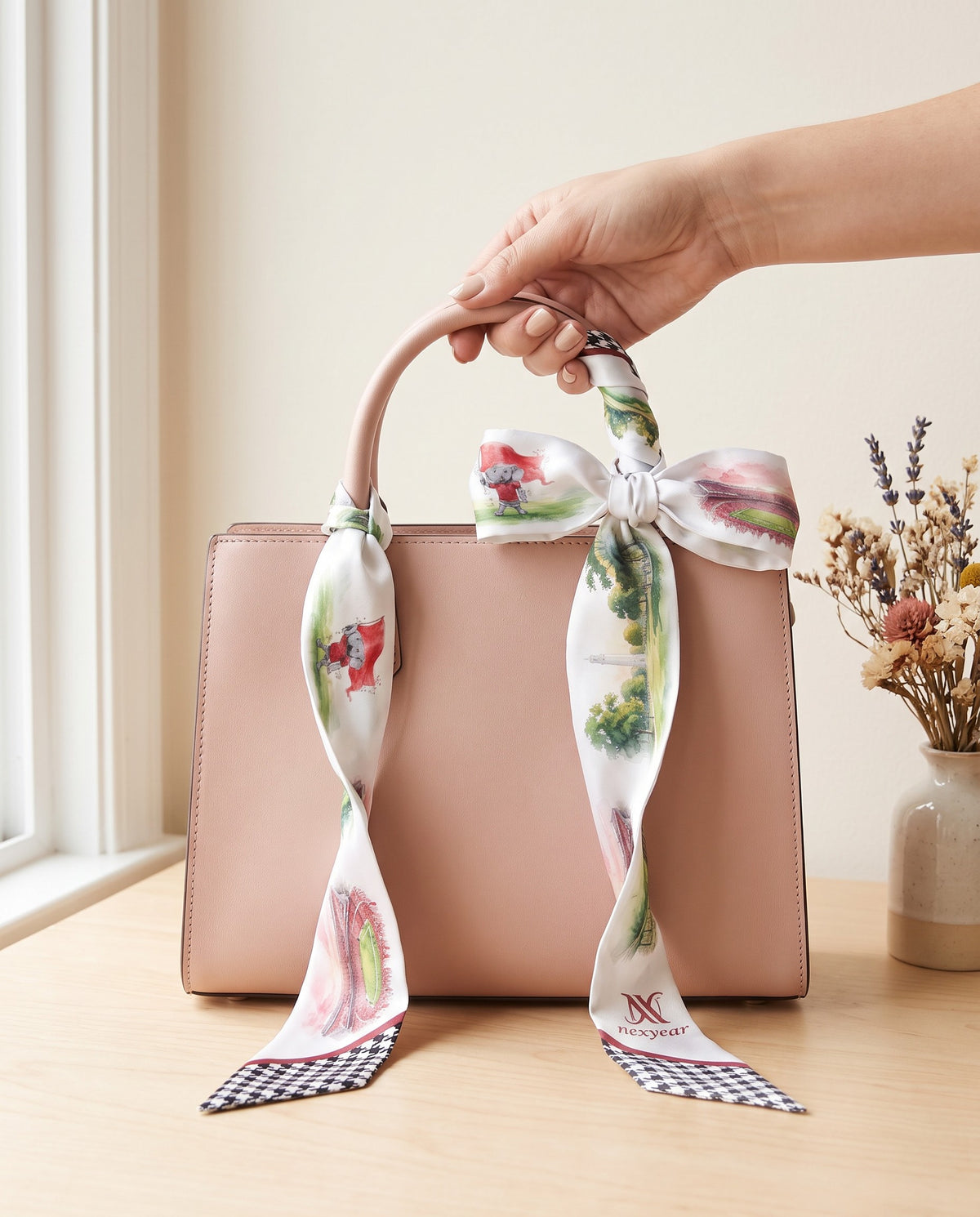The Roll Tide Twilly, bow on a top-handle bag