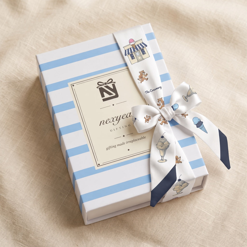 The Creamery Twilly, tied on a nexyear gifting box