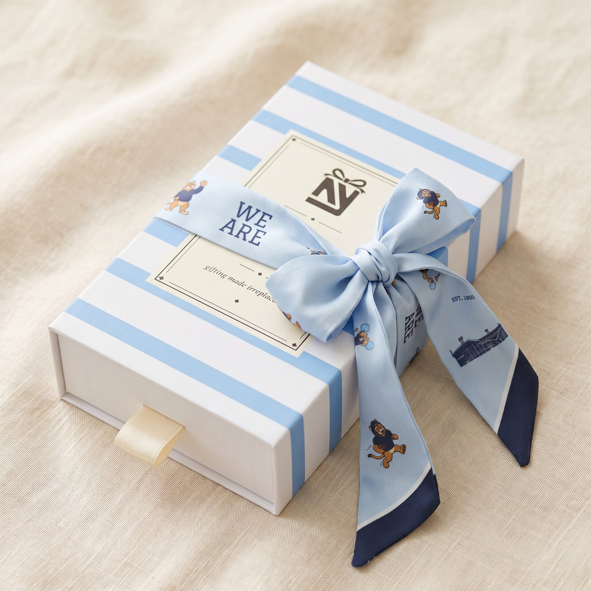 The Nittany Lion Twilly, tied on a nexyear gifting box