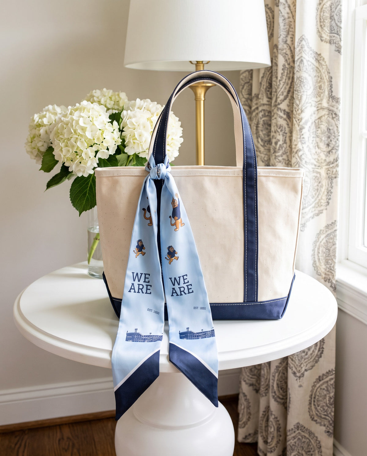 The Nittany Lion Twilly, tied on a tote