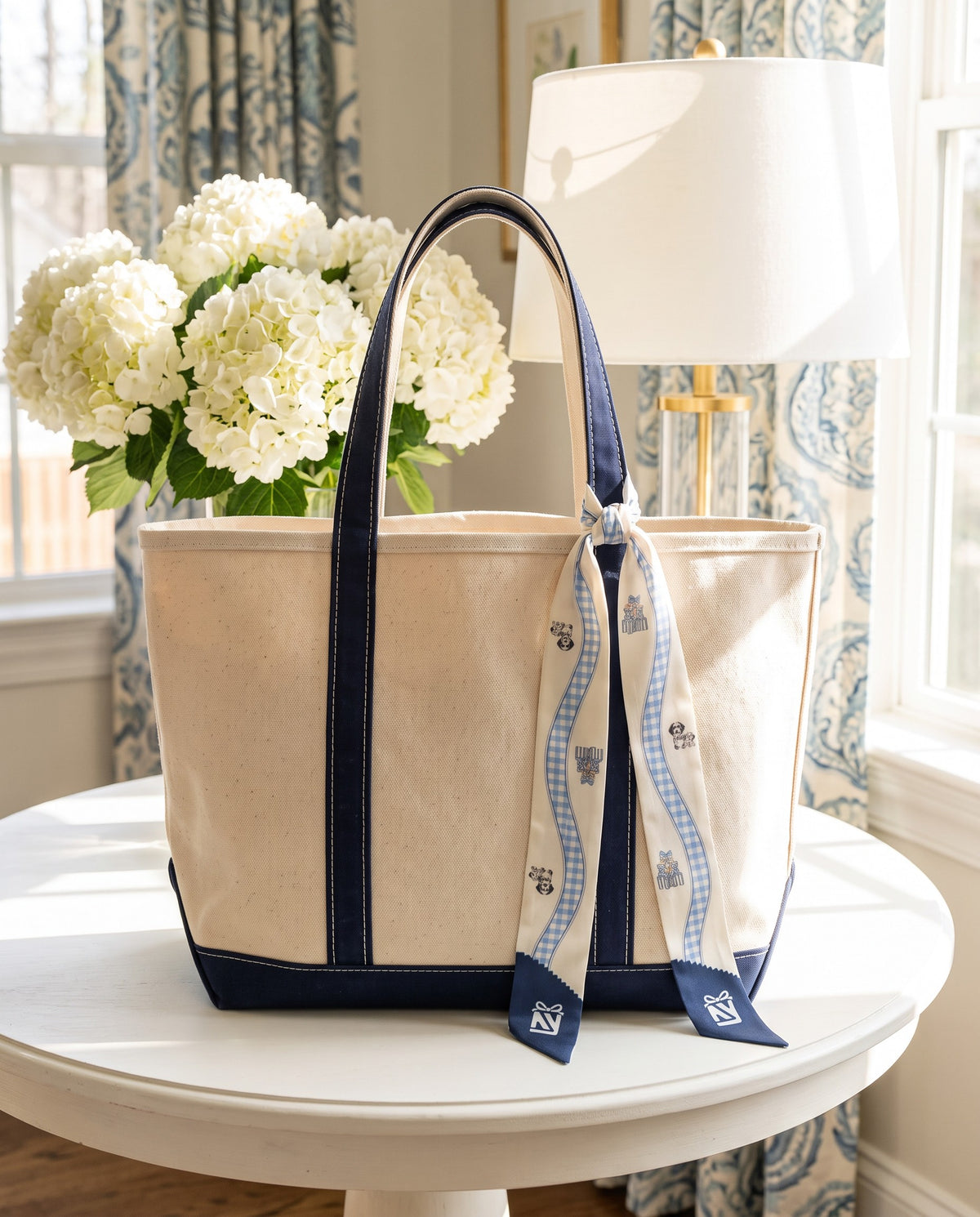 The Puppies Twilly, tied on a tote